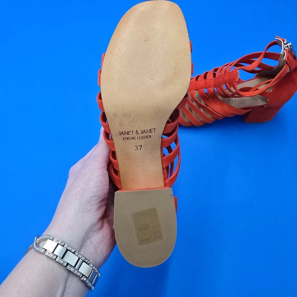 Janet & Janet Orange Suede Gladiator Block Heel Strappy Sandals 37 Made in Italy